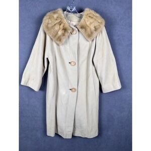 Jordan Marsh Womens Coat Jacket L Pockets 100% Cashmere Midi Fur Accent Read!